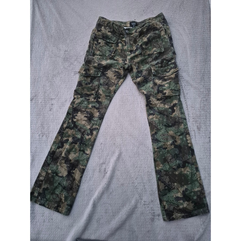 BoohooMAN Paisley Camo Cargo Pants Green gorpcore Utility Trousers Size 34R